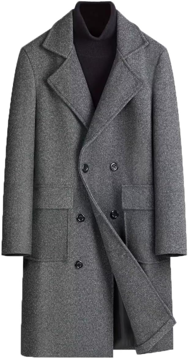 INVACHI Men's Wool Blend Pea Coat Notched Collar Double Breasted Overcoat Warm Winter Trench Coat