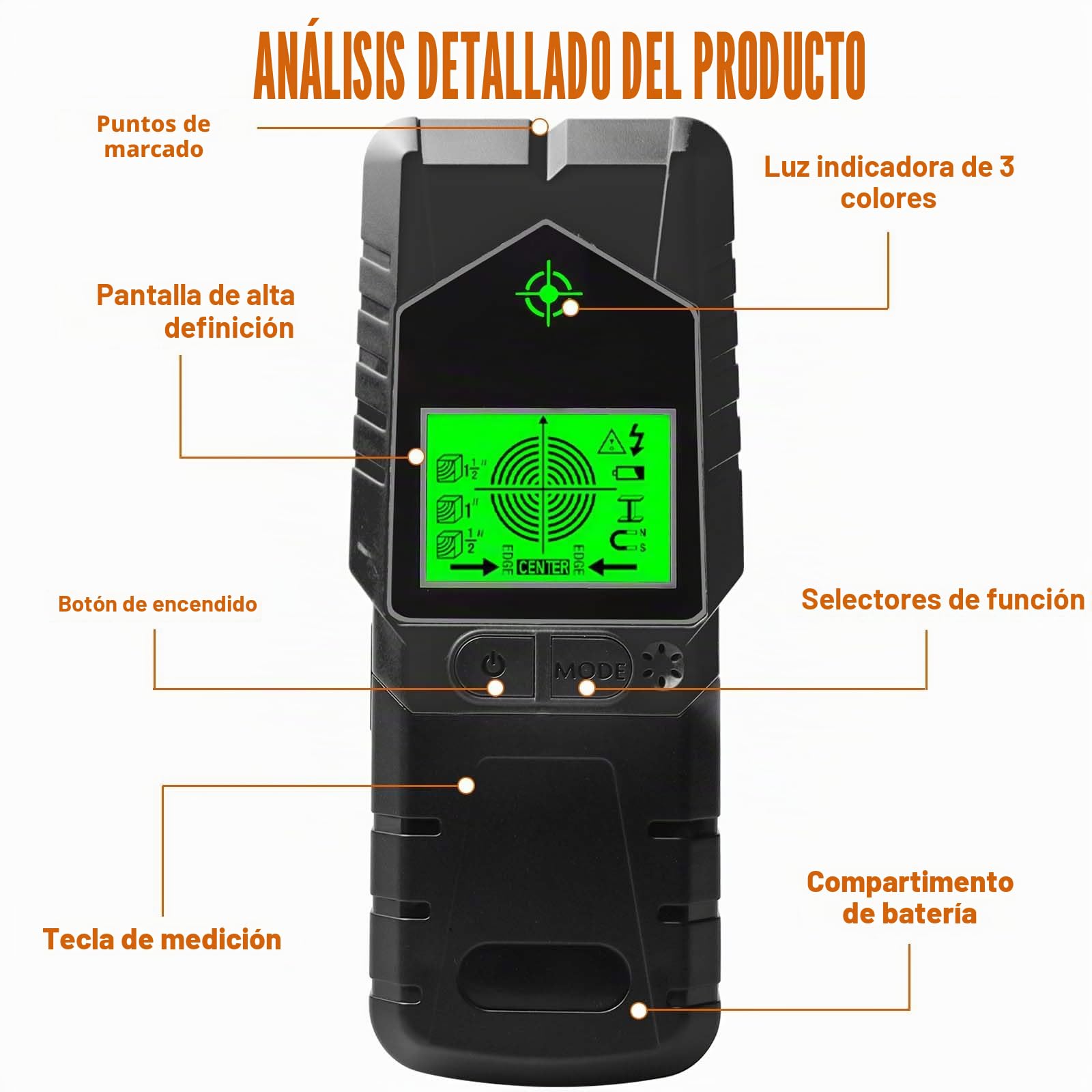 Localizador de líneas, 6 en 1, escáner de pared, detector de líneas, buscador de cables multifunción, con pantalla LCD y alarma, detector de metales para encontrar líneas eléctricas, vigas de madera