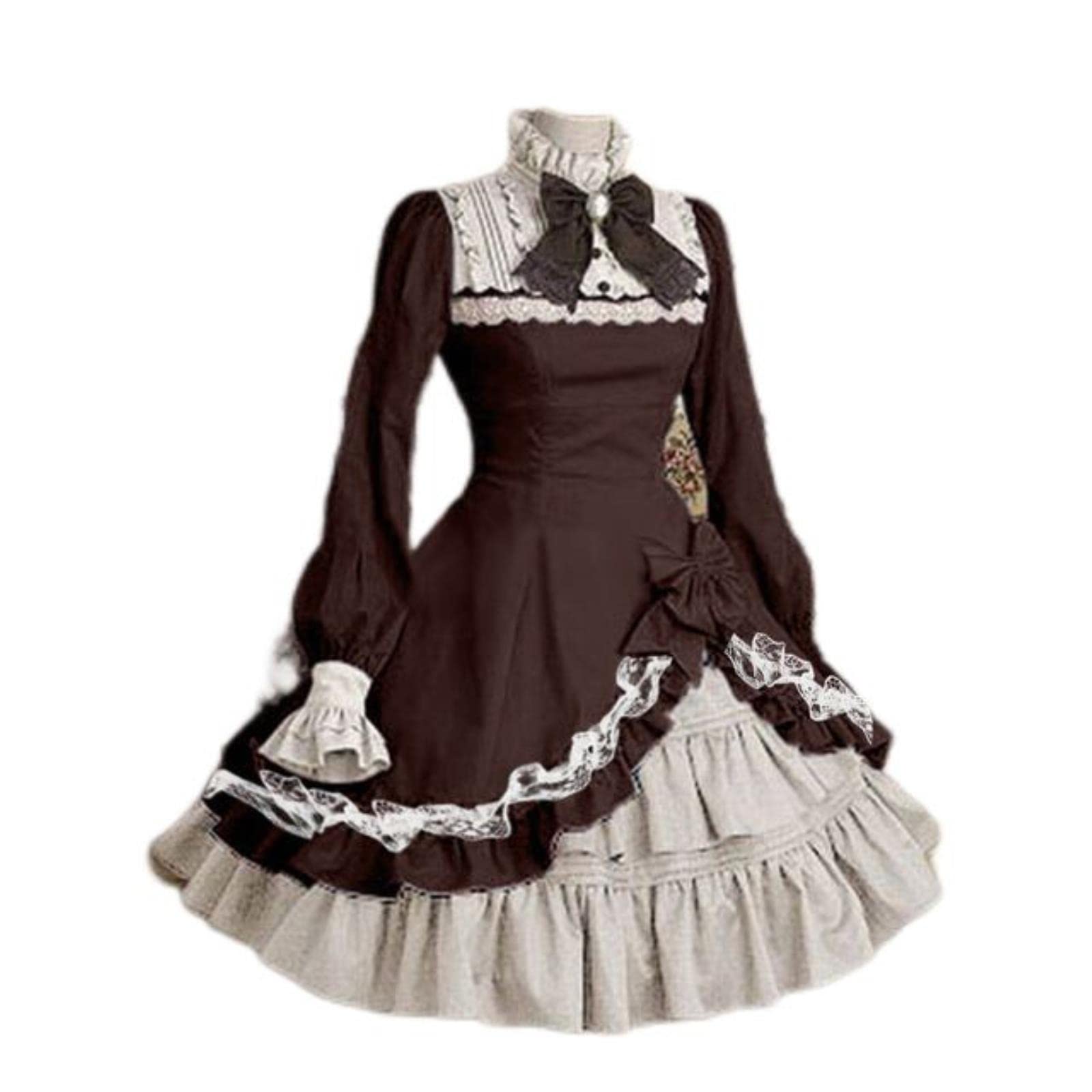 OKGD Japanese Style Women Gothic Cosplay Dresses High Waist Contrast-Color Ruffled Sweet Lolita Dress Kawaii Clothing-Brown,S