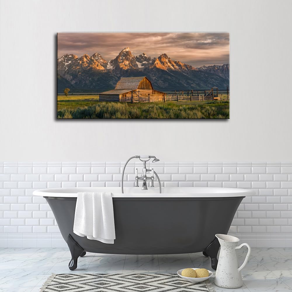 CIYU Sunrise at Barn Canvas Wall Art Nature Artwork Mountain Pictures Wall Decor Large Farmhouse Wall Art Framed Ready to Hang (Barn, 48x24 inch)