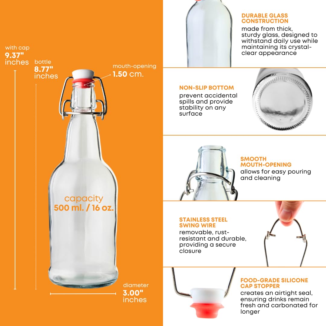 FastRack 16 oz Clear Swing Top Glass Bottles – 6 Pack | Flip Top Airtight Bottles (Not Olive Oil Style) | Reusable Bottles for Kombucha, Beer, Soda & Fermentation