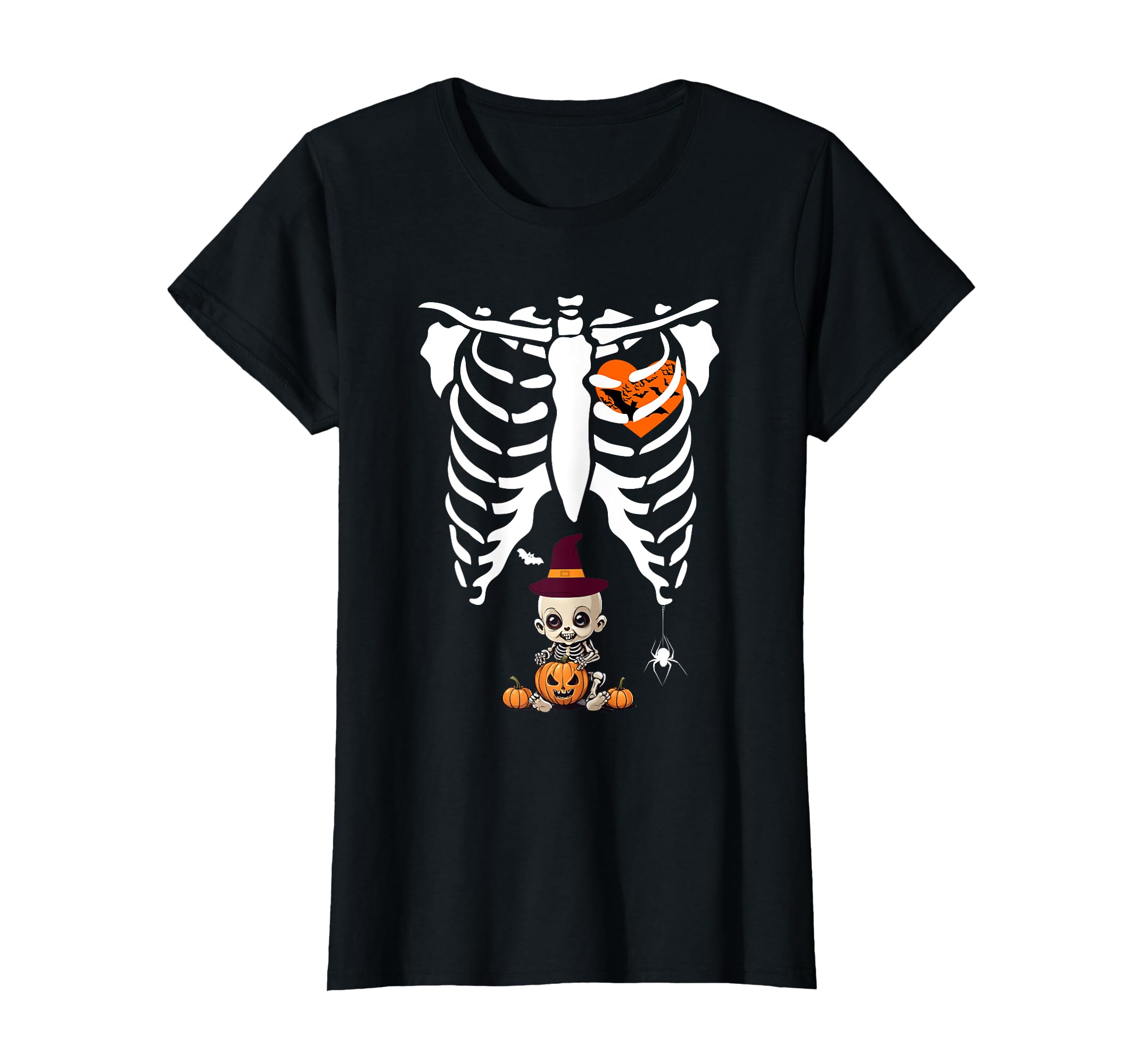 Halloween Funny Costume Pregnant Woman Pumpkin Disfraz divertido de Halloween para mujer embarazada, jaula de costilla de calabaza Camiseta