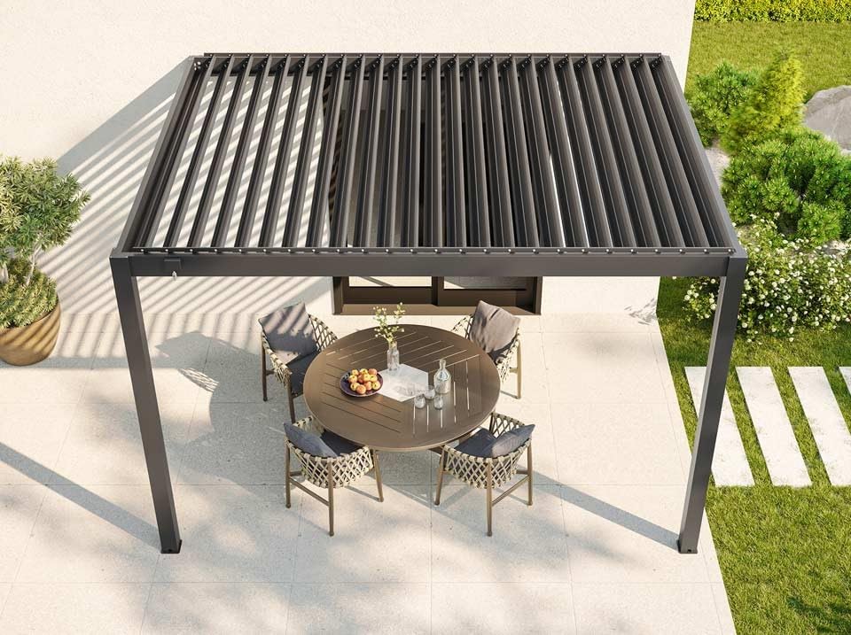 Direct ABRIS Pergola Bioclimatique Aluminium Adossée 12m² - 3x4m - Deux Stores Inclus - Anthracite - 29 Lames en Acier galvanisé - Inclinable à 90° - Tonnelle