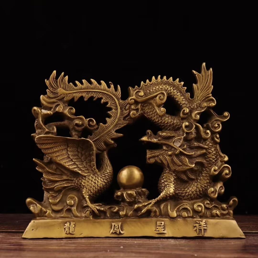 Dytartzx Pure Copper Dragon and Phoenix Statue, Chinese Feng Shui, Wedding Gift, Home Collection Dragon and Phoenix Auspicious