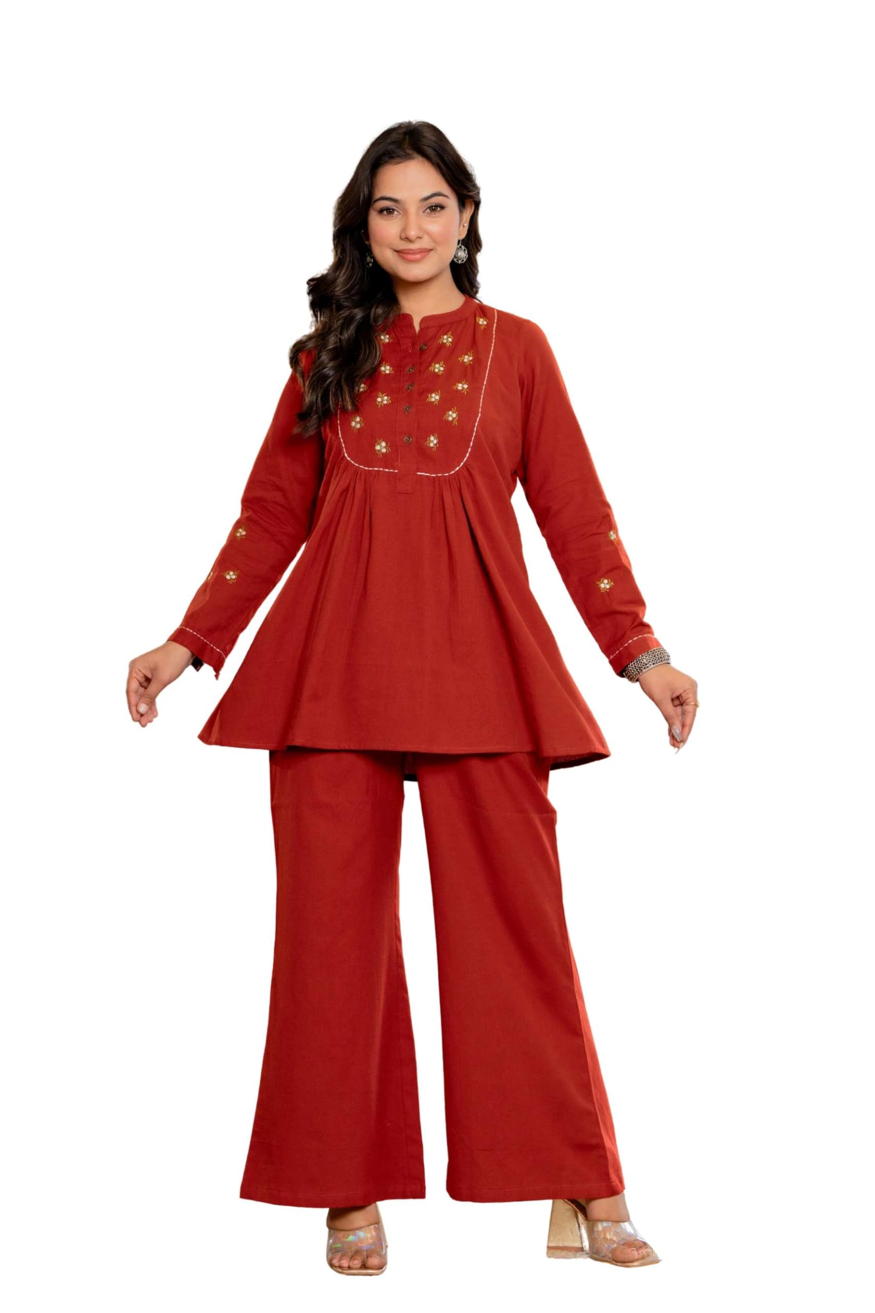 vaaki Terracotta Red Embroidered Cotton Flex Co-ord Set for Women with Wide-Leg Pants | Festive & Semi-Formal Wear-picture-11