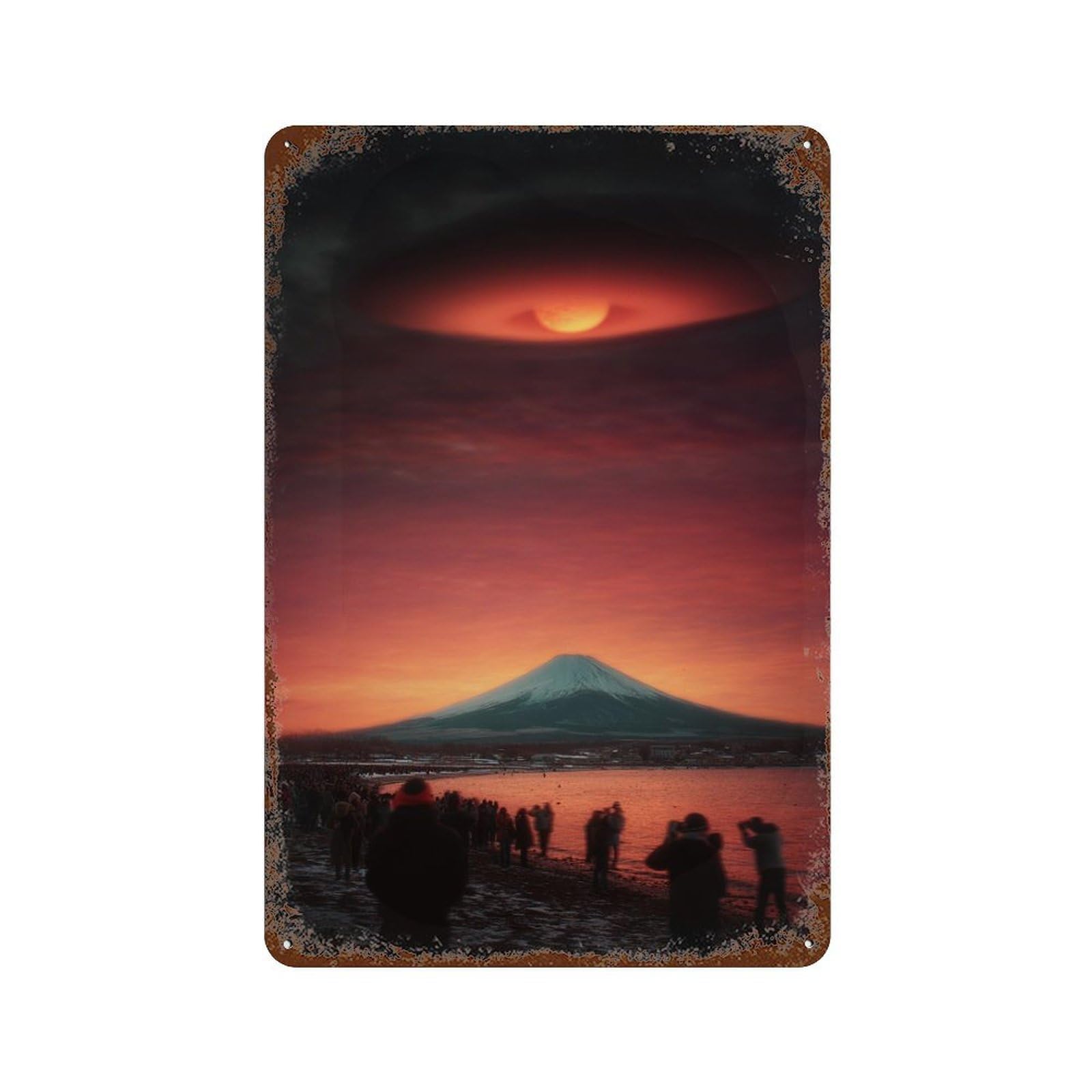 Mount Fuji Sunset with Lunar Halo Rusty Metal Tin Sign 11.8"x7.9", Old School Wall Decor for Garage, Pub Or Kitchen
