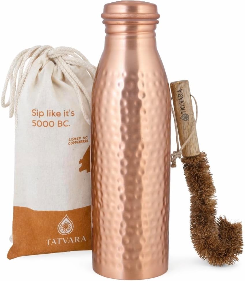 Pure Copper Water Bottle (34 oz), 100% Handmade Ayurvedic Drinking Water Bottle with Leak-Proof Lid, Includes Cleaning Brush & Gift Pouch, BPA-Free Rustic Hammered Copper Bottle