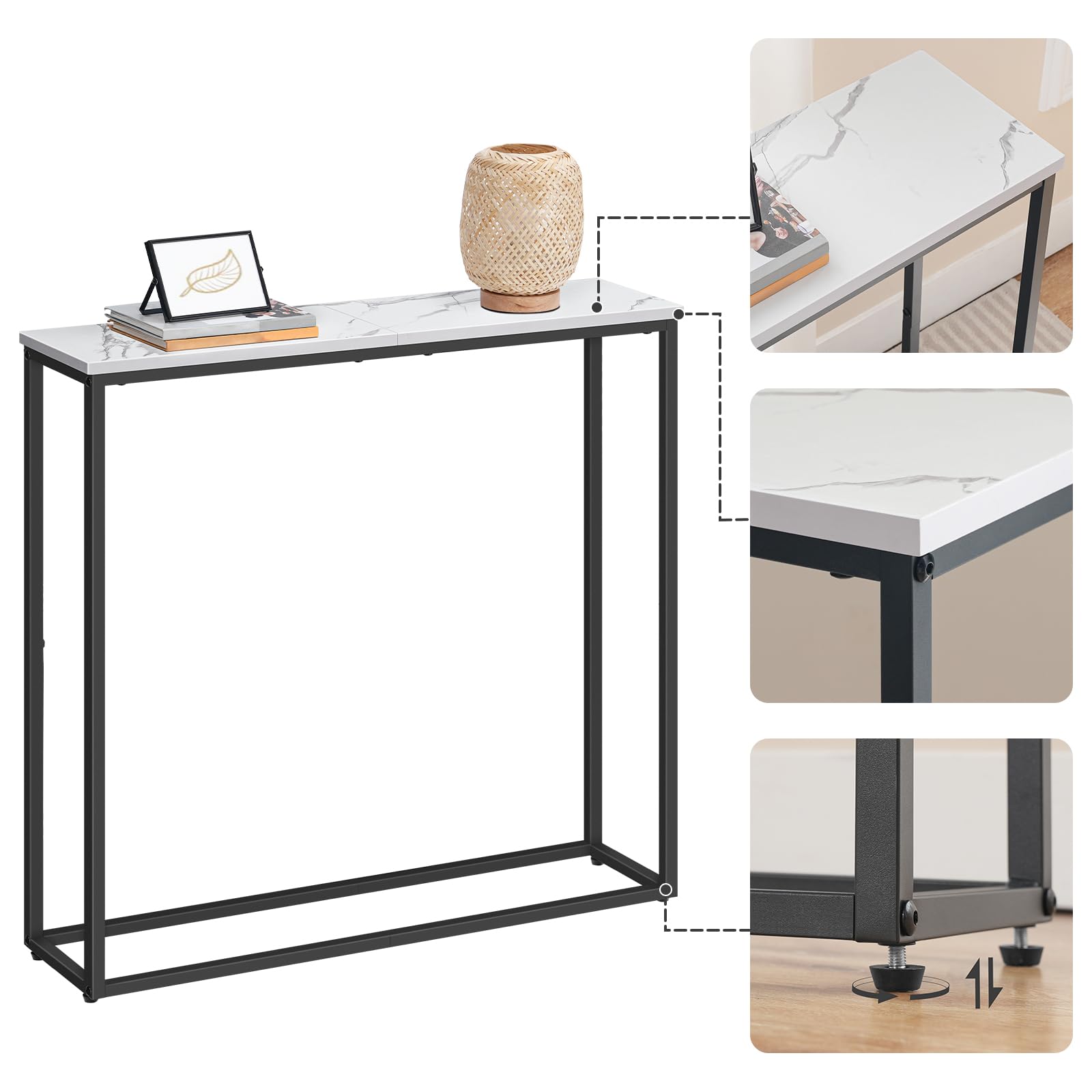 HOOBRO Console Meuble, Table Console Fine de 75 cm, Bout de Canapé, Table d’Entrée, pour Couloir, Salon, Chambre, Hall, Escalier, Blanc Marbré EBM76XG01
