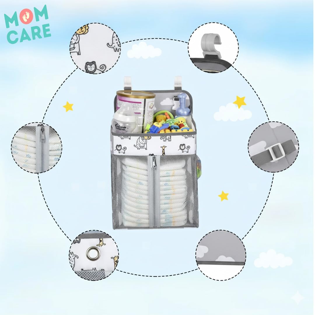 MOM CARE Hanging Diaper Caddy Organizer Crib Storage Bag Nursery Essentials Holder Nappy Stacker For Changing Table Playard Wall Mount Large Capacity Mesh Pockets Safari Print 1