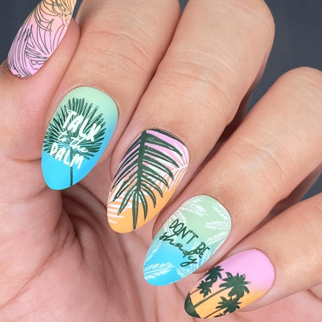 Maniology Shake Your Palm Fronds Nail Stamping Plate | Tropical Palm Tree & Beach Designs for Summer DIY Manicures – Reusable, Rectangular Stainless Steel Nail Art Template
