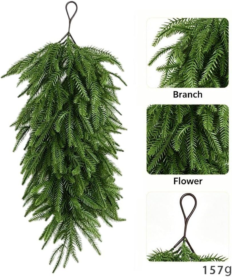 2pcs Christmas Wall Mounted Pine Garland,Artificial Pine Sprig Hanging Swag Fake Pine Plants Xmas Fireplace Home Decor