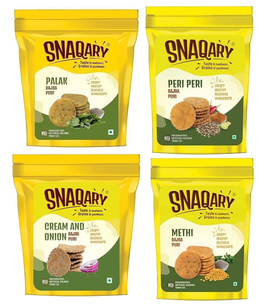 Snaqary Multigrain Bajra Mathri Combo - Methi, Peri-Peri, Palak, Cream & Onion Flavors | Ready-to-Eat Crispy Namkeen Tea Snacks (4-Pack, 150g Each) | Irresistible Snacking Delight (B09XJ1N3TQ) Amazon Price History, Amazon Price Tracker