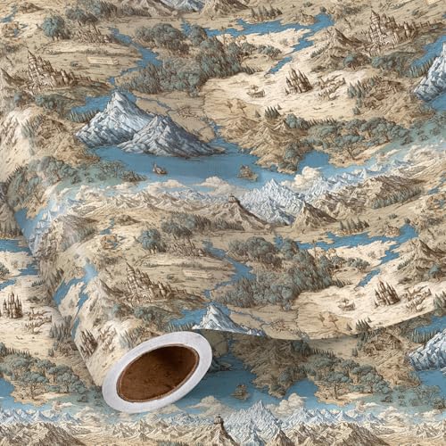 RUSPEPA Fantasy Map Wrapping Paper Roll Mini Roll Vintage Adventure World Illustration Gift Wrap Medieval Map Style Design for Birthday Gaming Fans Fantasy Lovers 17 Inch x 16.4 Feet