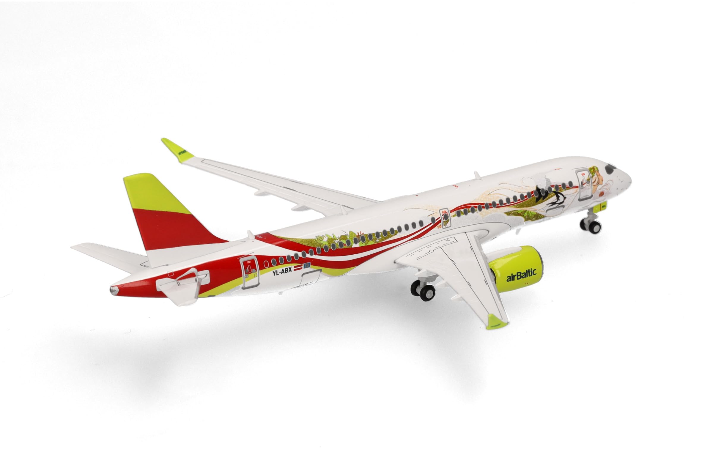 Herpa aereo in miniatura airBaltic Airbus A220-300 "50th A220", miniatura in scala 1:400, pezzo da collezione, modello di aereo con base, metallo
