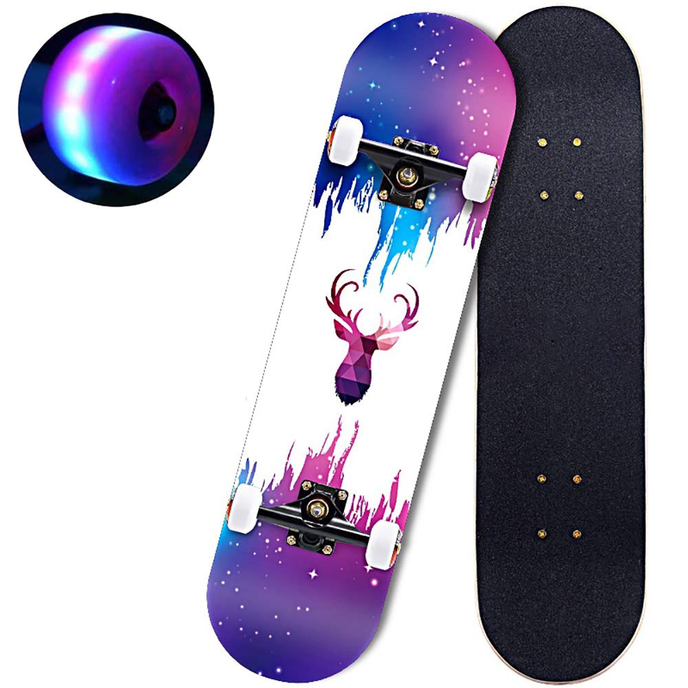 Pro Planches Complètes Skateboard, PU LED Lumière Roue +Mute Grande Vitesse Roulement, 7 Couches Bois d'Erable Skateboard Complet pour Les Enfants, Jeunes et Adultes