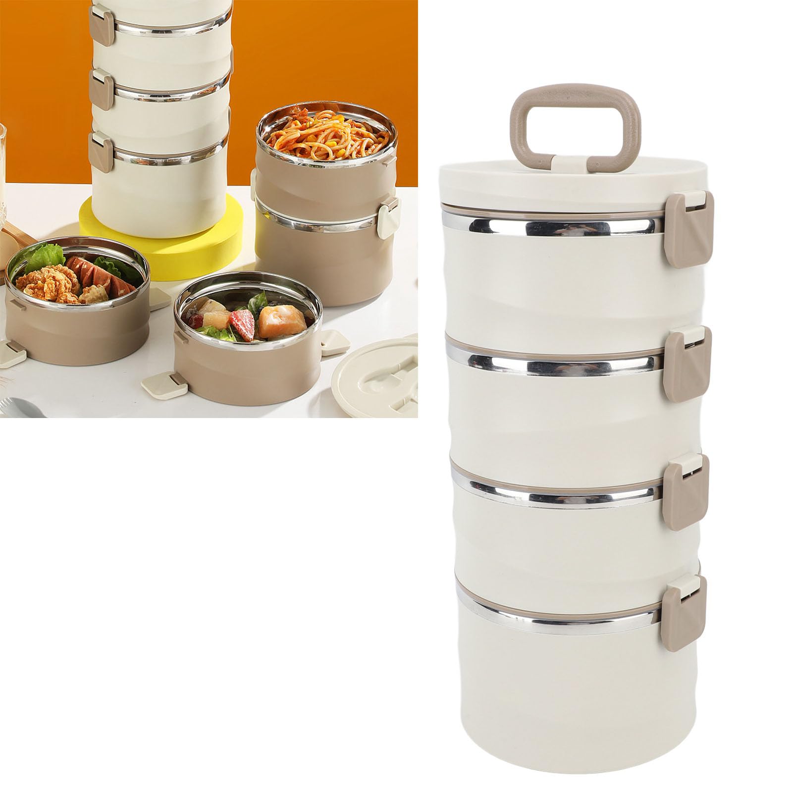 SIXRUN Lebensmittelbehälter aus Edelstahl 304, 4 Etagen, 3,3 L, Isolierte Lunchbox mit Griff, Stapelbar, Rund, 14,5 x 34,2 cm, mit 2 Integrierten Gabellöffeln