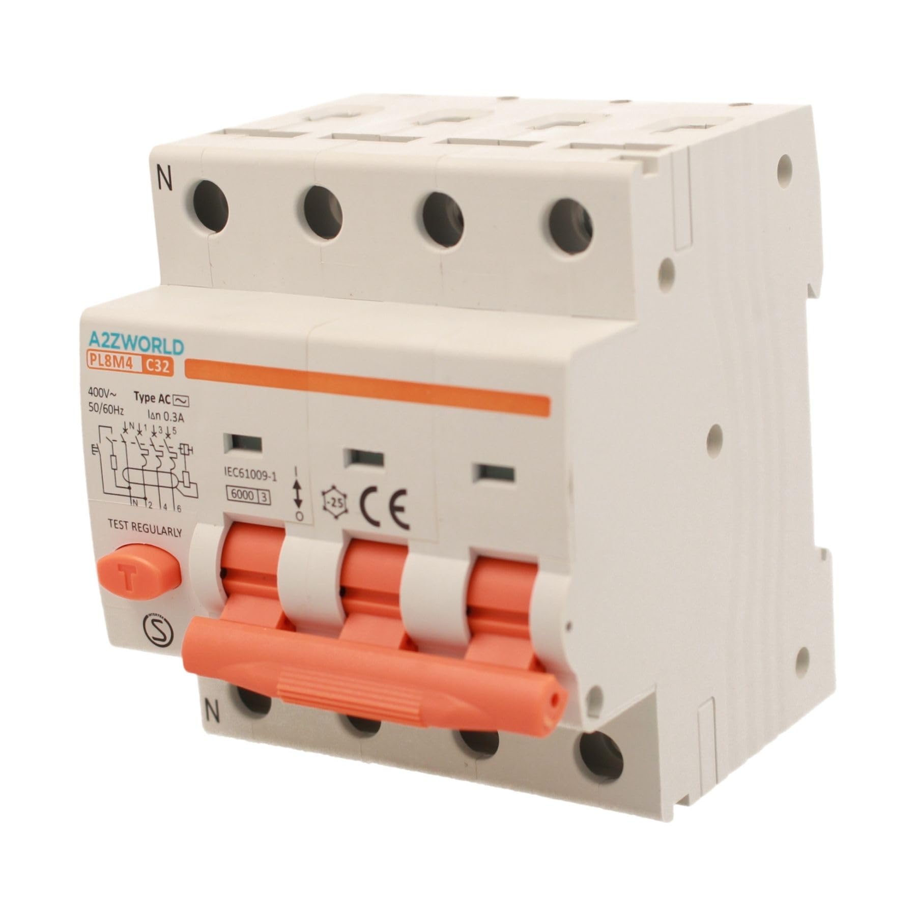 Interruttore Magnetotermico Differenziale Trifase 300mA 32A C32, RCBO Tipo AC Curva C 0,3A, 3P+N 6kA 400V, Occupa 4 Moduli DIN