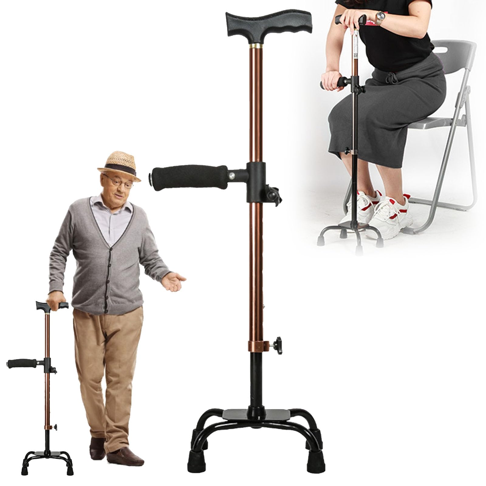Bastone Passeggio, Stampelle Ausilio Per Deambulazione Anziani, Ausilio Per Sedersi Ad Altezza Regolabile Supporto Bastone Da Passeggio Quattro Piedi Ausilio Per Stare In Piedi 62 A 85cm
