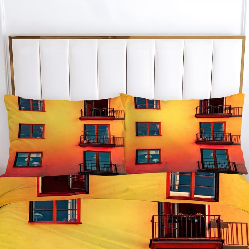 Miniatura 3 de Juego de funda de edredón amarilla con estampado de arquitectura, funda de edredón de microfibra suave y 2 fundas de almohada de 20 x 26 pulgadas,