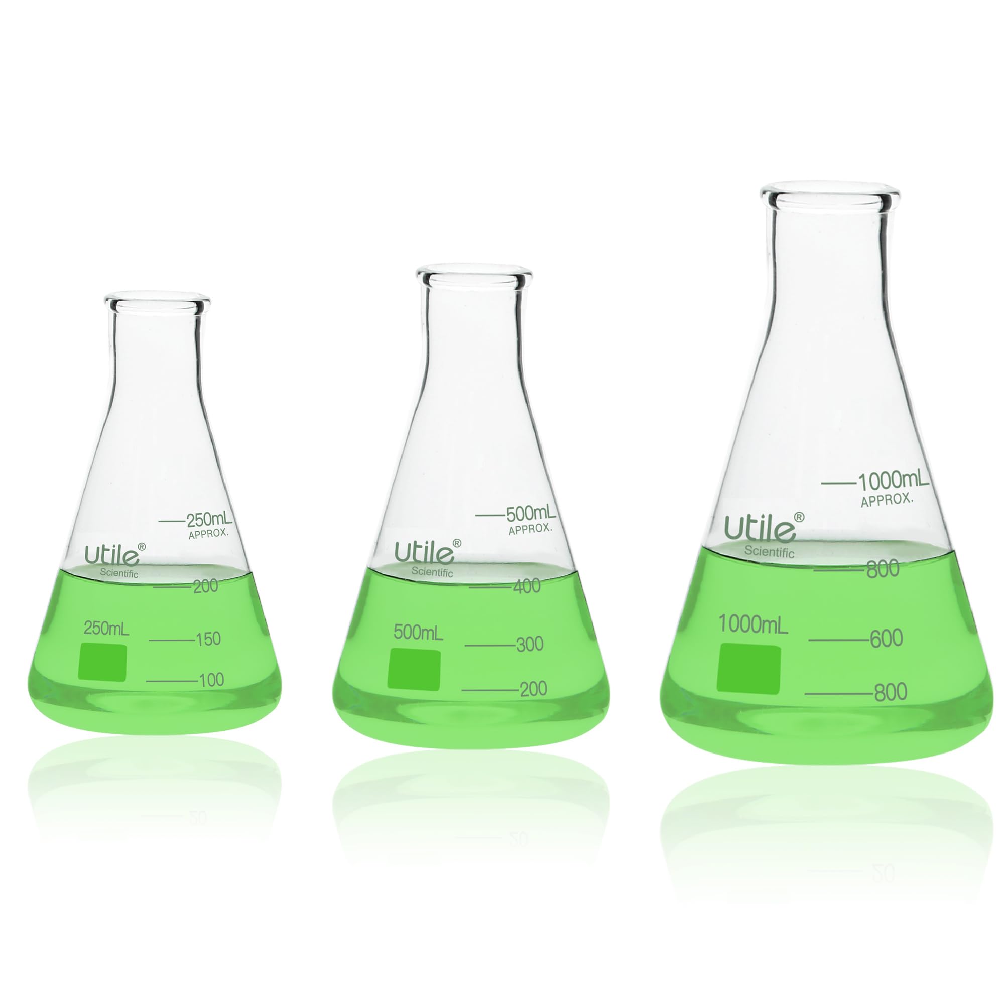 Utile Juego de 3 frascos Erlenmeyer de vidrio de 250 ml, 500 ml, 1000 ml, frascos Erlenmeyer de boca estrecha, frascos cónicos de vidrio borosilicato 3.3 para laboratorio, 4016.9917.1