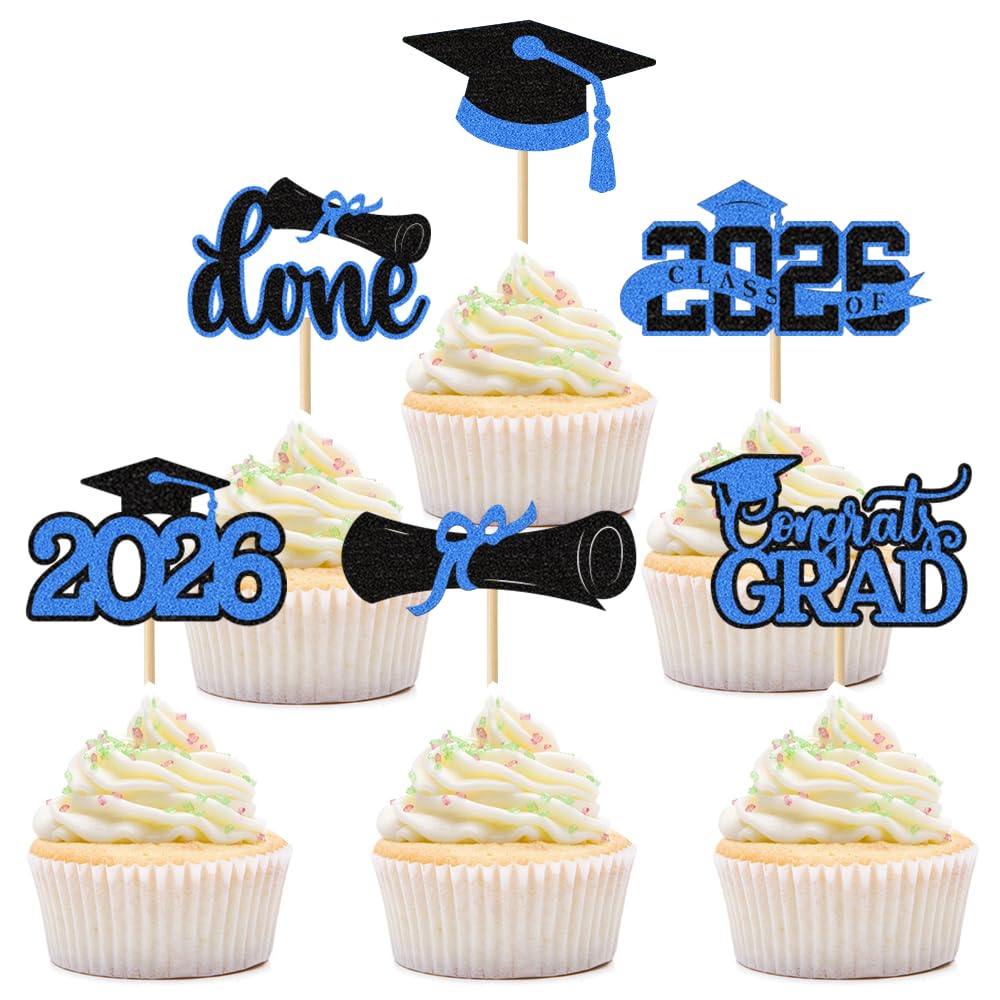 Photo 1 of 24 Pcs Graduation Cupcake Toppers 2026, Blue Glitter Grad Cupcake Topper for Graduations Decoration, Class of 2026 Toppers Party Supplies