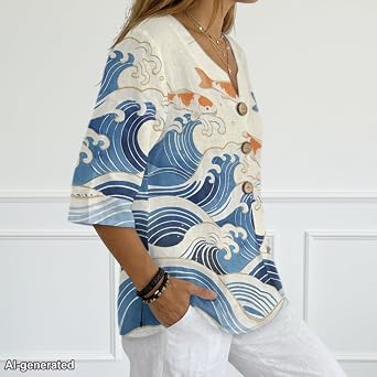 Women's Shirts 3/4 Sleeve Tunic Tops Buttons Linen-Style Shirts Spring Summer V Neck Blouses