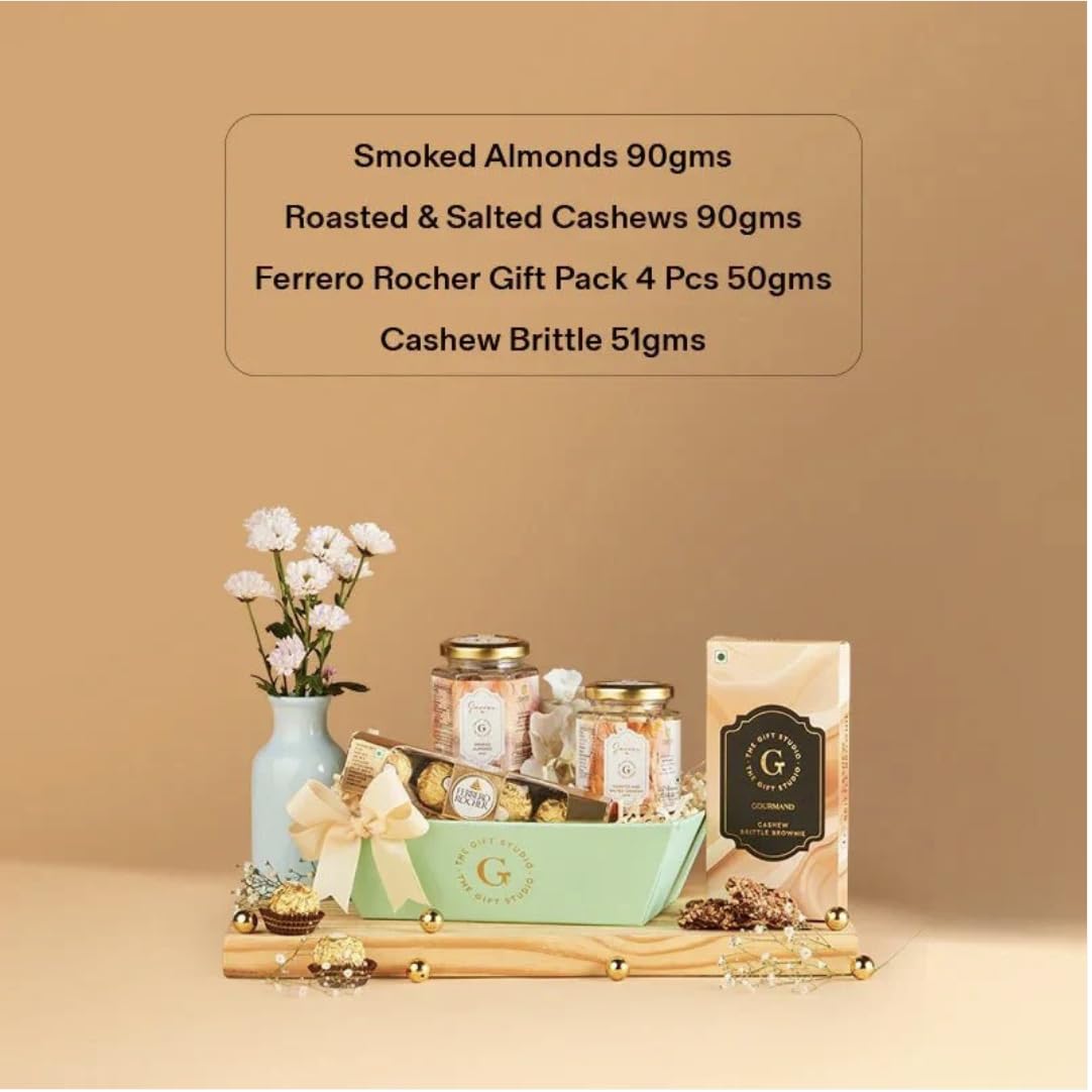 Midnight Stash – The Gift Studio Premium Snack Hamper | Smoked Almonds, Roasted & Salted Cashews, Cashew Brittle, Chocolate Gift Box | Gourmet Dry Fruit Hamper for Rakhi, Diwali, Birthday, Corporate Gifting