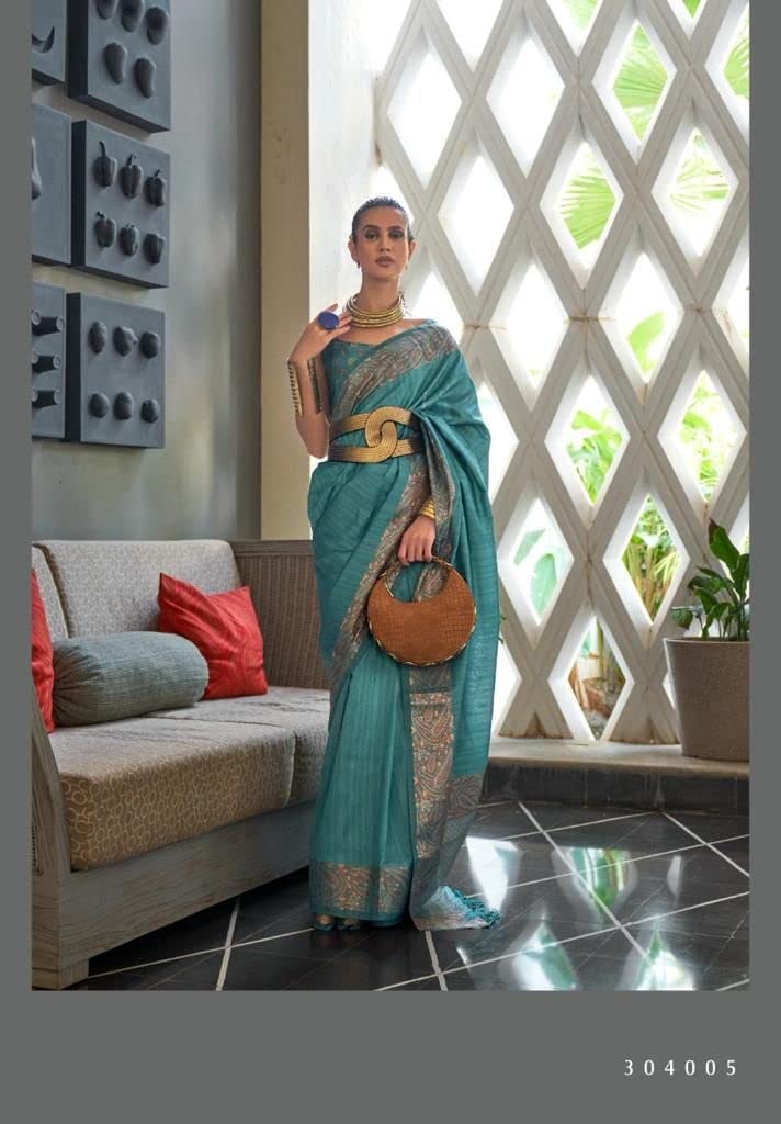 Blusa sari de seda tejida con textura rica en cobre Zari 7345 para mujer india (azul)