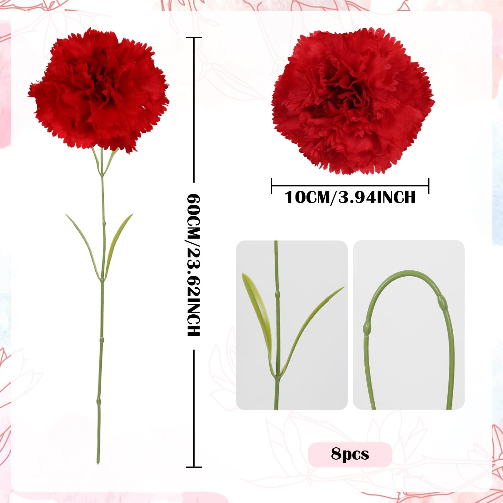 IPOPU Künstliche rote Nelken, 8 Stück, Seidenkortionen, rote Blumen mit langem Stiel für hohe Vasen, rote künstliche Nelken für Hochzeitssträuße, Zuhause, Tischdekoration, Blumenarrangements (rot)