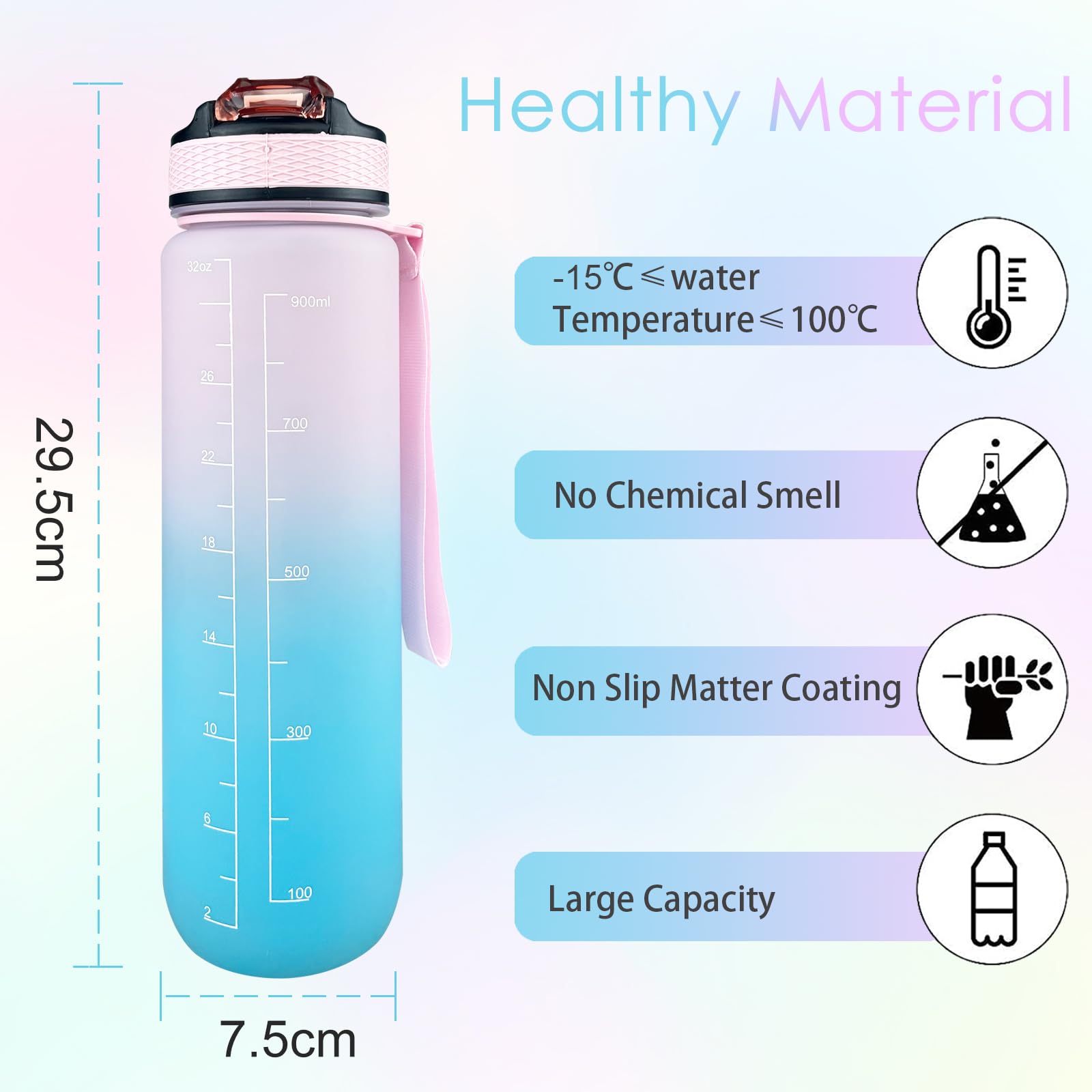 Gourde Sport 1 Litre Avec Paille - Sans BPA - Anti-fuite - Affichage Heure Et Motivation - Pour Vélo, Yoga, Camping - Bleu-vert