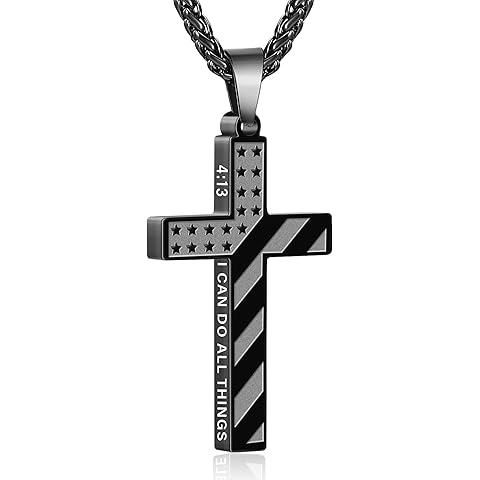 Cross Necklace for Men Boys, 316L Stainless Steel American Flag Bible Verse Christm...
