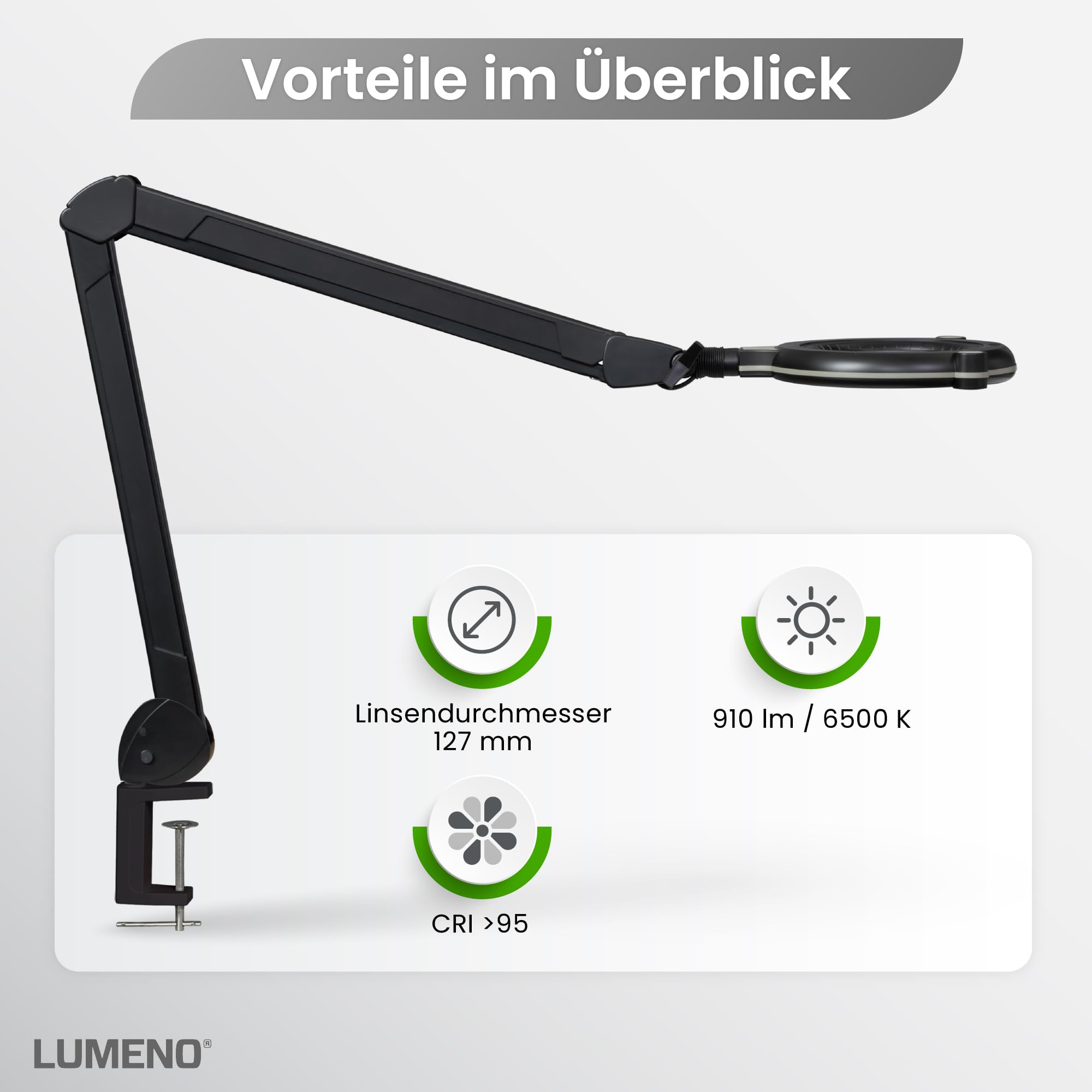 Lumeno 7313SW LED Lupenleuchte - Profi-Lupenlampe mit 3 Dioptrien und hohem CRI von 95 - Ideal für Praxen, Kosmetikstudios, Industrie - Perfekte Farbwiedergabe für Präzisionsarbeiten, Schwarz