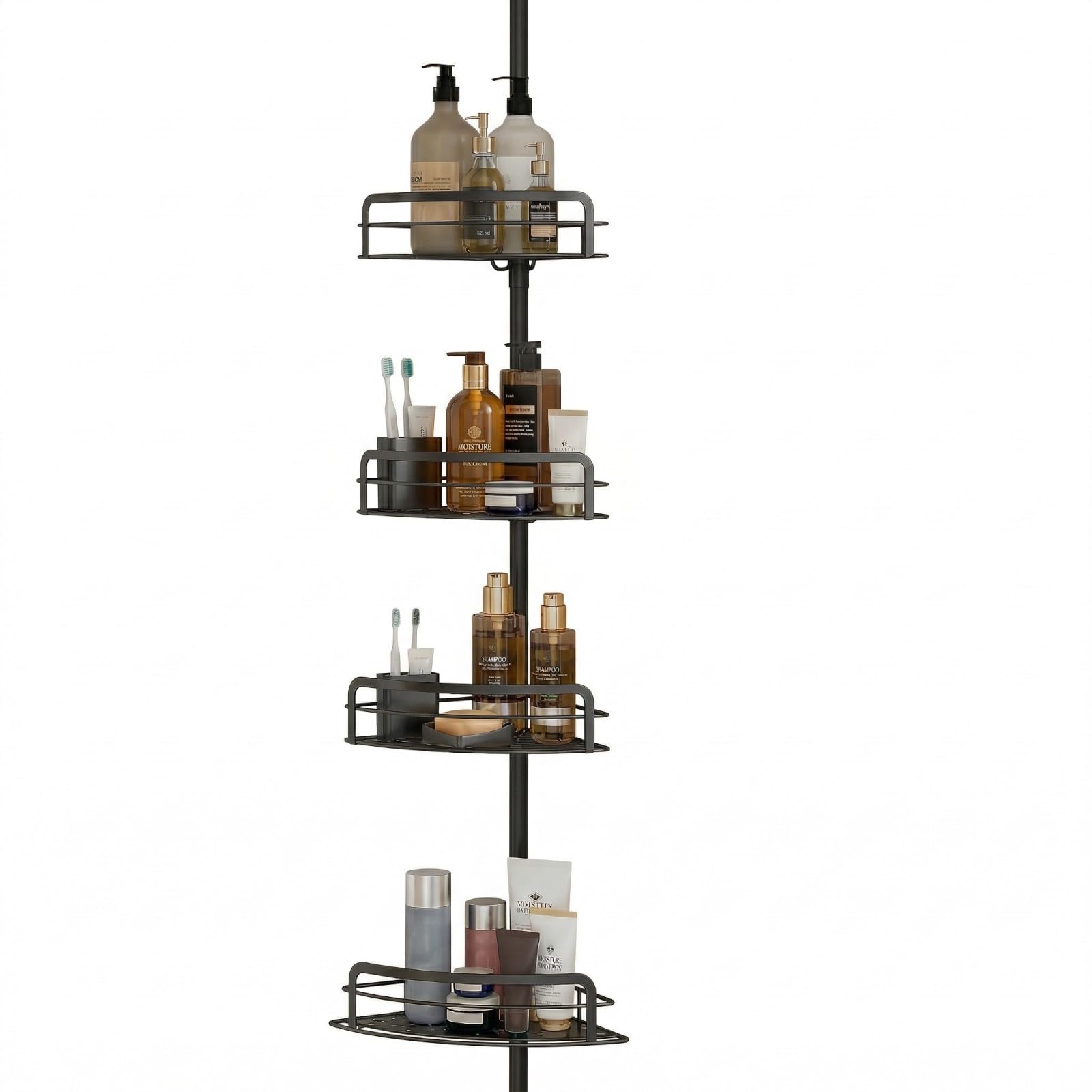 Mensola angolare per doccia, regolabile in altezza, telescopico, da 85 cm a 316 cm, antiruggine, senza trapano, con 4 cestini e accessori.