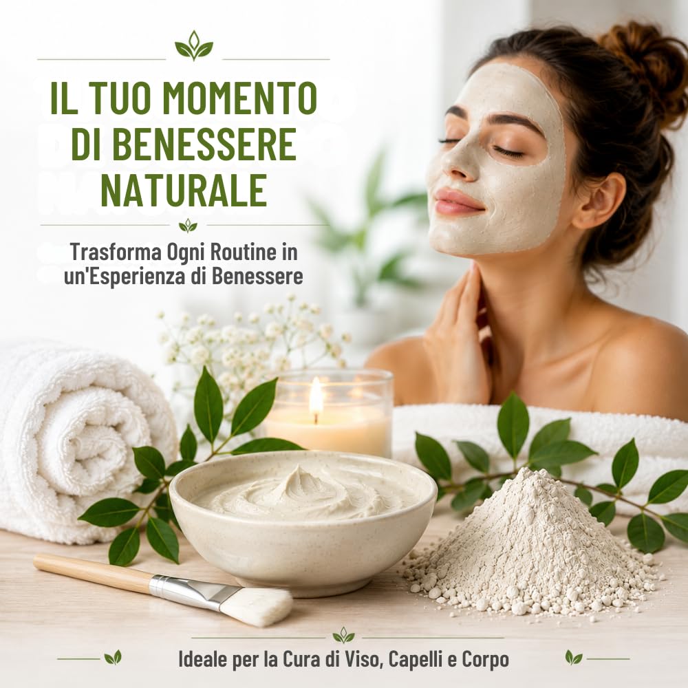 Argilla Bianca di Kaolin | 500 gr | Per la Cura della Pelle e dei Capelli | Esfoliante e Lenitivo | Ringiovanisce, calma e ammorbidisce la pelle
