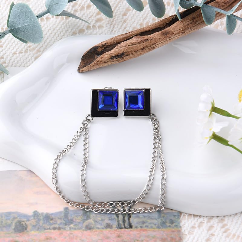 Image of Gem Brooch Pins Hanging Chain Lapel Pin for Men Suits Shirt Collar Brooch Square Crystal Brooch Pin Rhinestone Lapel Pins for Men Tassel Chain Brooch Collar Pins Business Suit Shirt Accessories