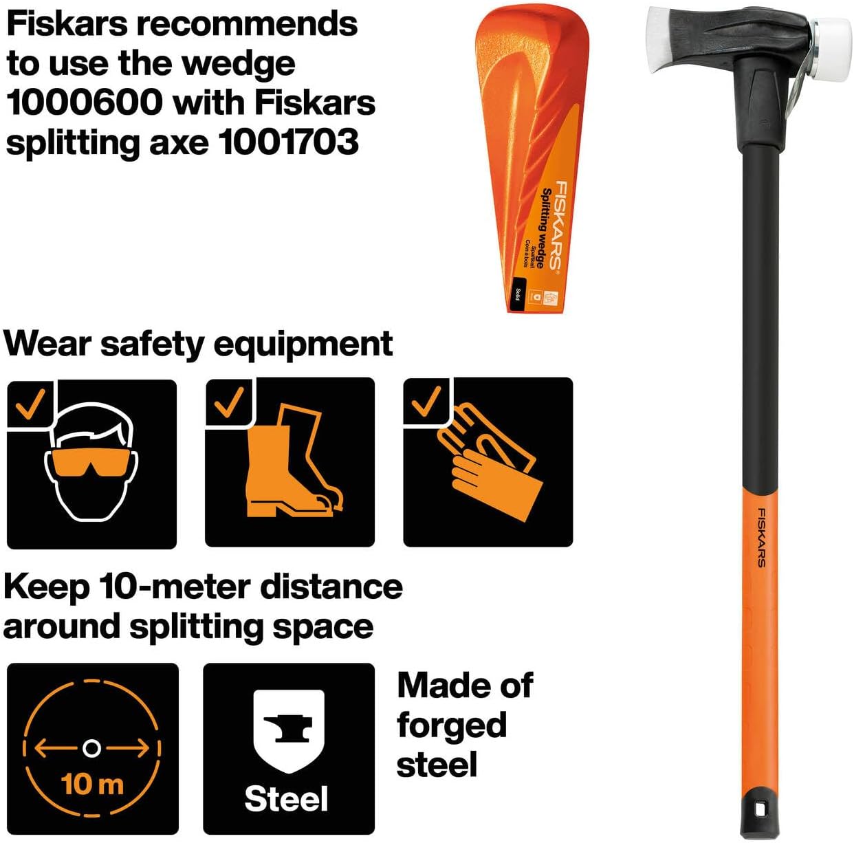 Fiskars Splitting Wedge Helicoidal, for Hammer with Polymer Head, Hardened Steel (Forged Carbon Steel), Orange, 1000600