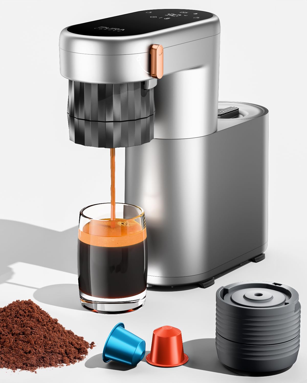 2 en 1 Expresso Machine a Cafe Portable, Chauffe Instantanée&20 Bars, Petite Machine Espresso Electrique Compatible avec les capsules NS et le café moulu pour camping et intérieur