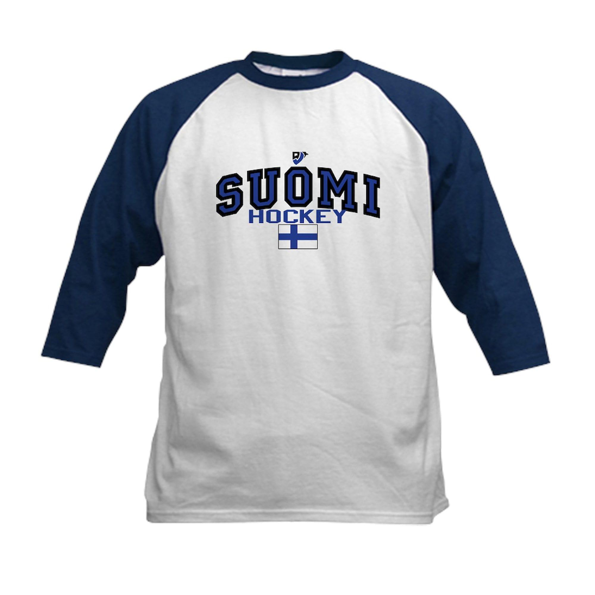 CafePress Finland(Suomi) Hockey Kids Baseball Jersey Kids Cotton Baseball Jersey, 3/4 Raglan Sleeve Shirt Navy/White