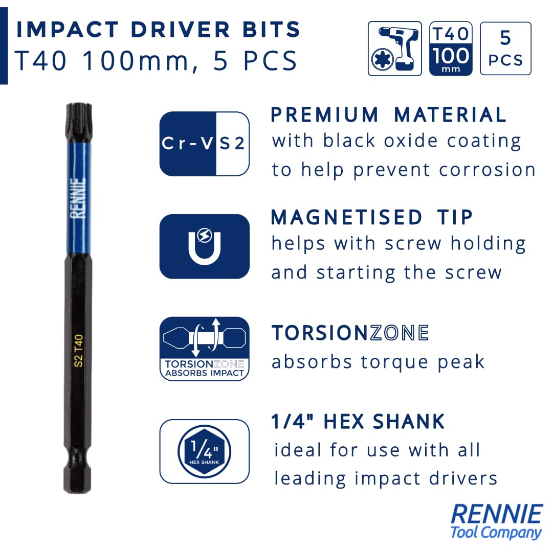 Rennie Tools T40 TX40 Schlagschrauber-Bit-Set – 5 Bits à 100 Mm, Magnetisch, Aus S2-Stahl, Für Hohes Drehmoment