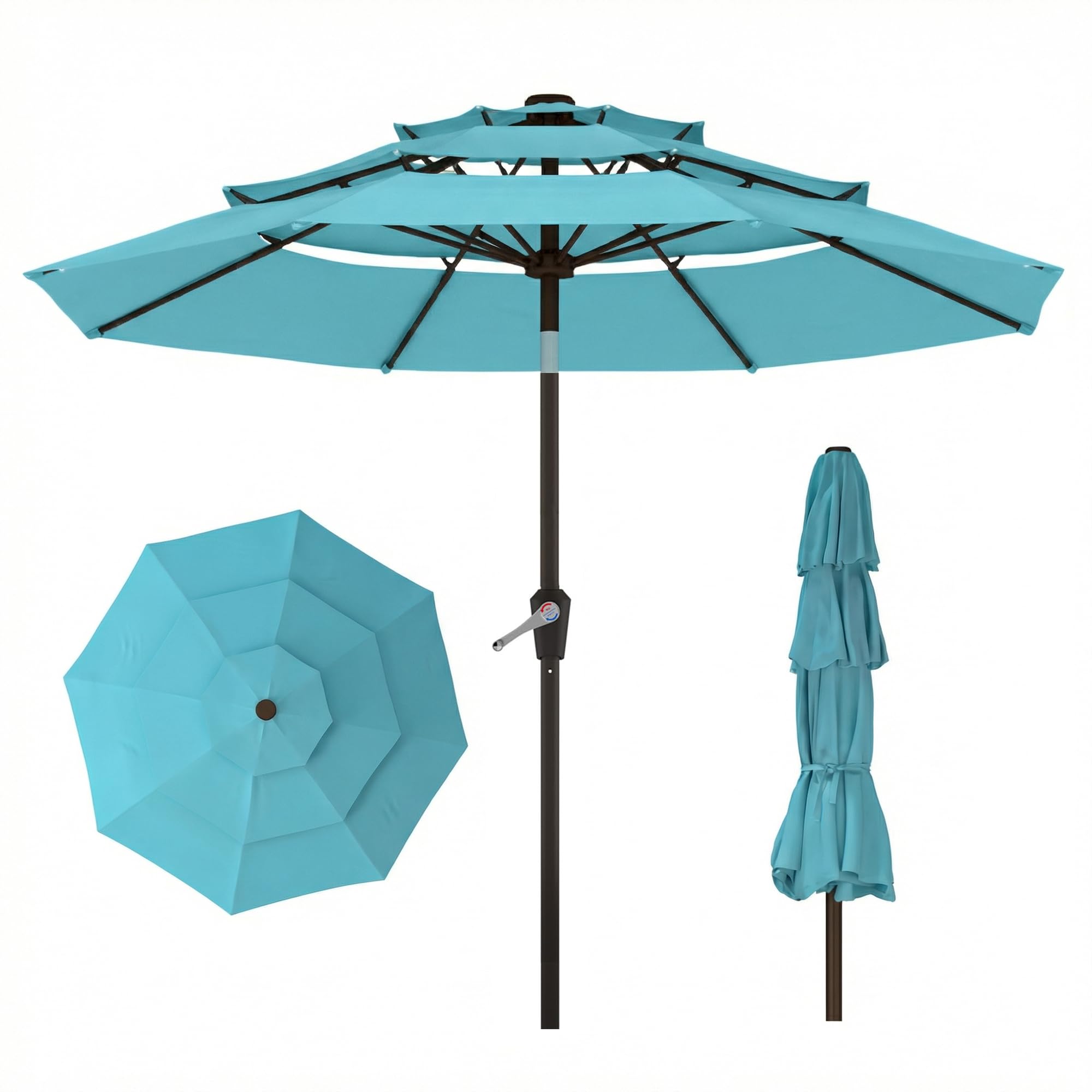 Photo 1 of Tobeos 10ft 3 Tier Patio Umbrella, Outdoor Market Table Umbrella with UPF 50+ Vented Canopy, 8 Sturdy Ribs, Easy Push Button Tilt and Crank, Windproof for Deck, Pool, Backyard and Garden, Light Blue