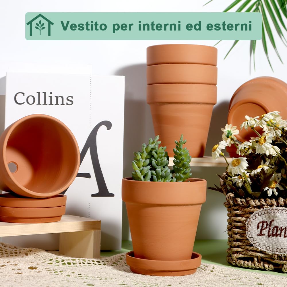 vensovo Vasi in terracotta da 4 pollici con piattino - Confezione da 6 vasi da fiori in argilla con drenaggio, ideali per piante, artigianato, bomboniere