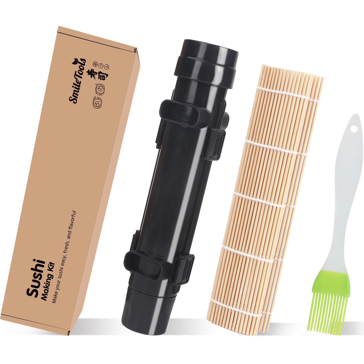 SmileTools Zestaw do robienia sushi, wałek do sushi, sushi bazooka, maszyna do sushi, bambusowa mata do zwijania sushi dla początkujących (czarny)