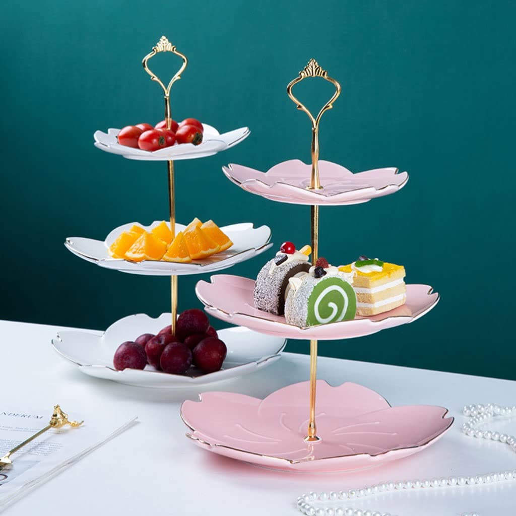 Miska na owoce, 3 poziomy koszyk owocowy ceramiczne owoce miska owoców płytki tort przekąski tacy metalowe stojak na desenice składowe Stojak na przekąski, Ciasto(Pink)