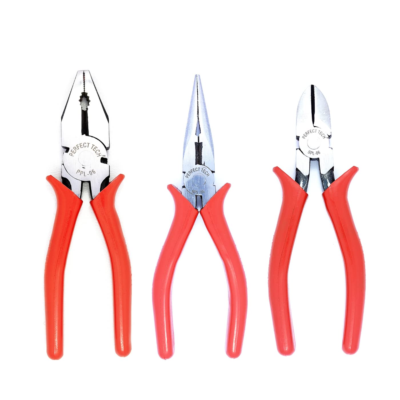 TECH 3 Pcs Set Combination Plier 8 inch | 6 Inch Long Nose Plier | 6 Inch Side Cutter | Tool Kit Set | Cutting Player (Black Phosphate Finish & Red Sleeves) (Heavy Duty)