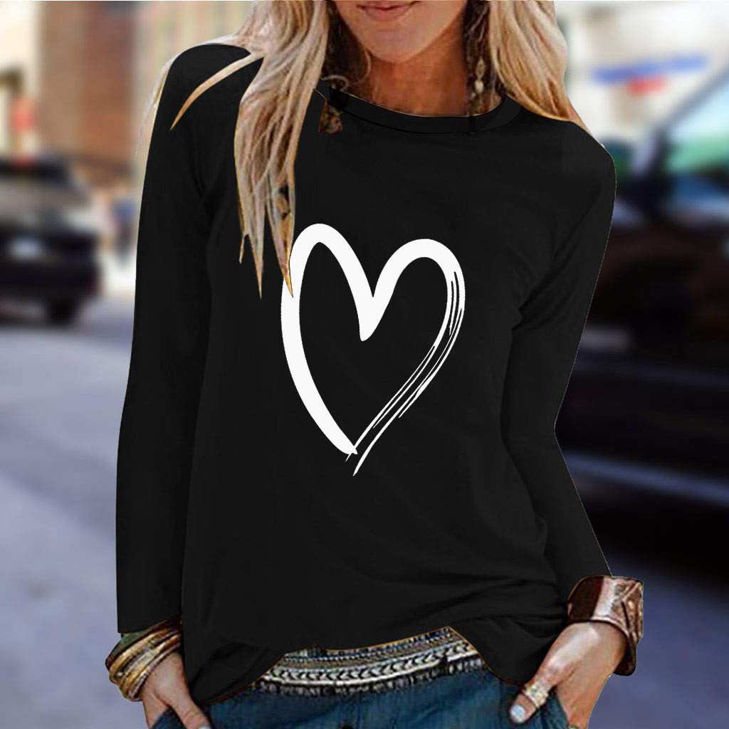 Spring Loose Fit Tops Dressy Casual for Women Long Sleeve Summer Heart Print Tunic Crewneck 2024 Cute Tee Shirts Sexy Black