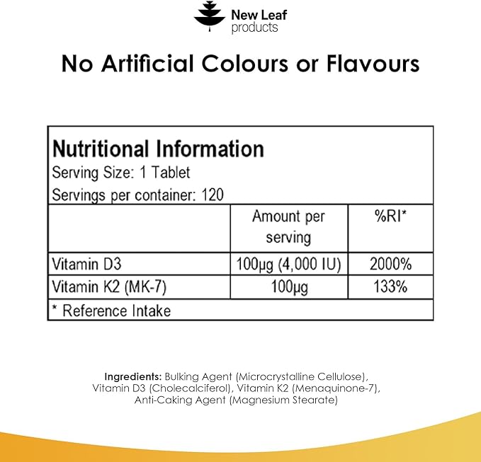 NEW LEAF PRODUCTS Vitamin D3 K2, Vitamin D3 4000iu + Vitamin K2 100mcg, 4 Months Supply, Supports Immunity, Calcium Absorption and Bone Health, Non-GMO, UK Made by 120 Vegetarian Tablets,