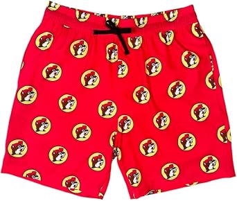 Buc-ees Classic Swim Trunks, Red with Character Print, Elastic Waistband with Drawstring