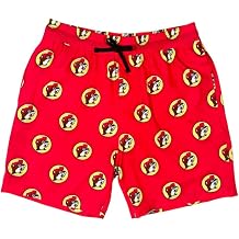 Buc-ees Classic Swim Trunks, Red with Character Print, Elastic Waistband with Drawstring