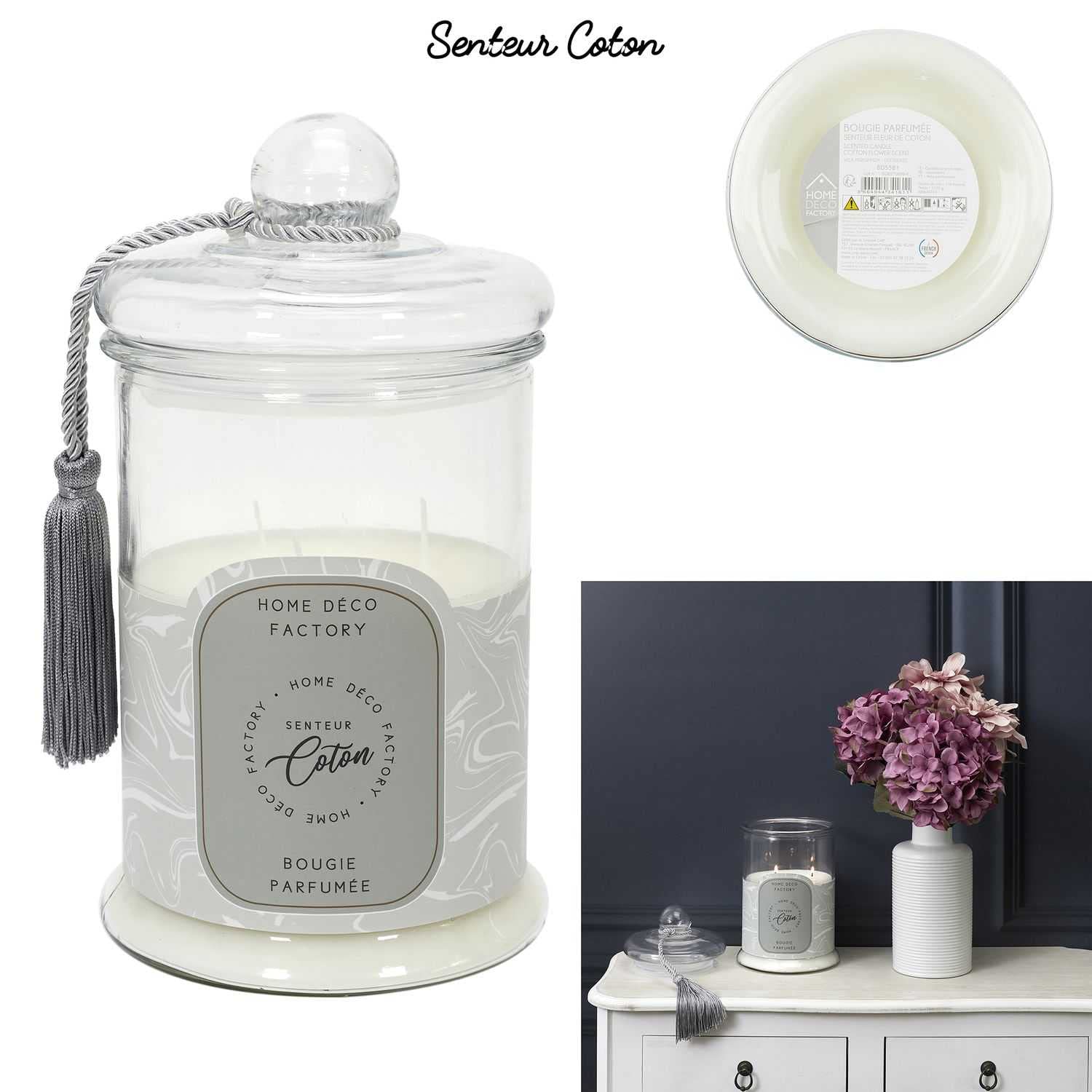 HOME DECO FACTORY Duftkerzen-Bonbonglas, graue Baumwollblume