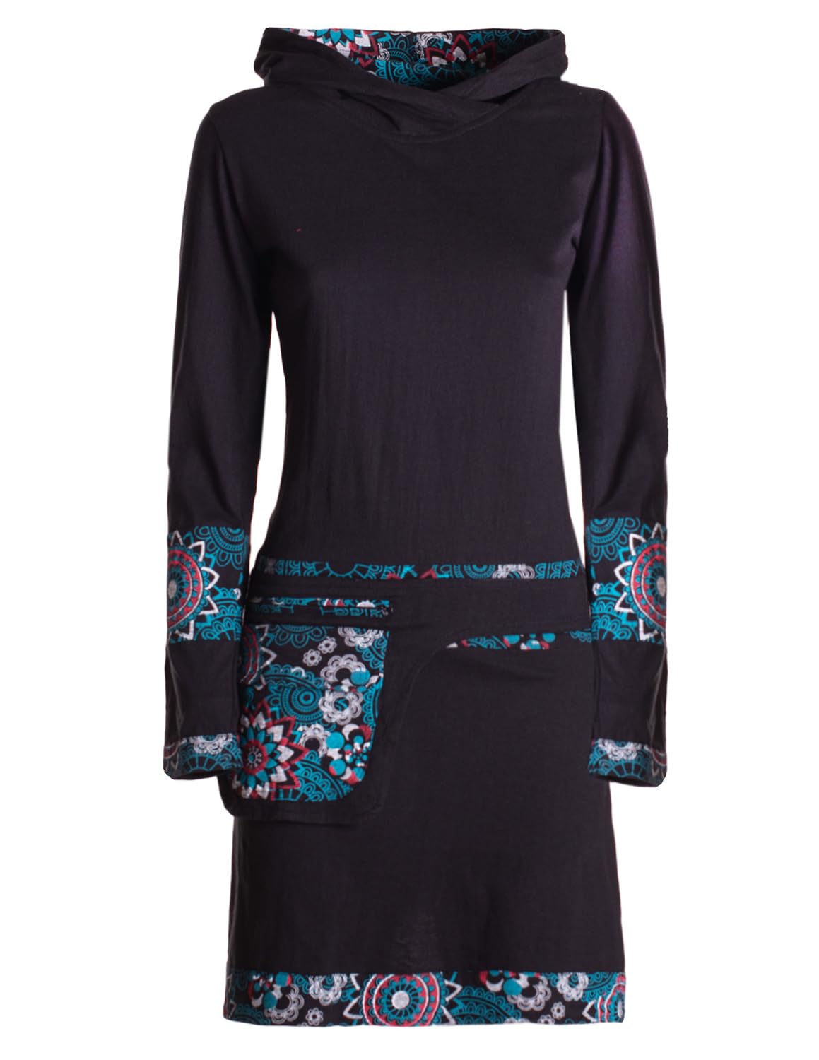 Vishes Alternative Bekleidung - Damen Winterkleid Kapuzenkleid Langarm Baumwoll-Jersey kurz bis Knielang Mandala-Print Gürteltasche warmes Sweatkleid Herbst Winter